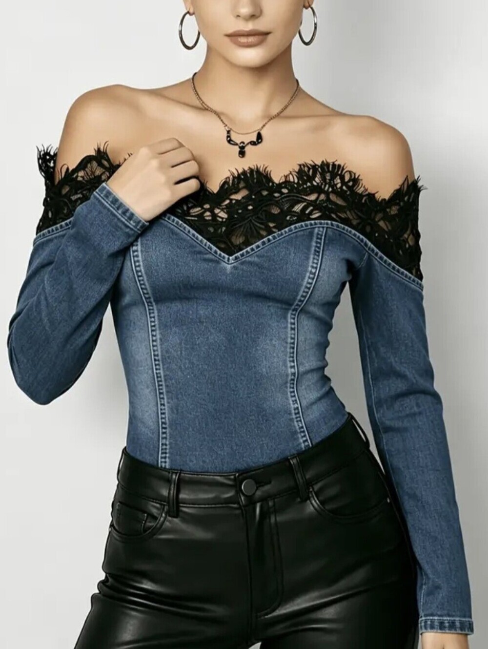 Women's Off Shoulder Eyelash Lace Trim Denim Long Sleeve Top, Sexy V Neck - Picture 2 of 6